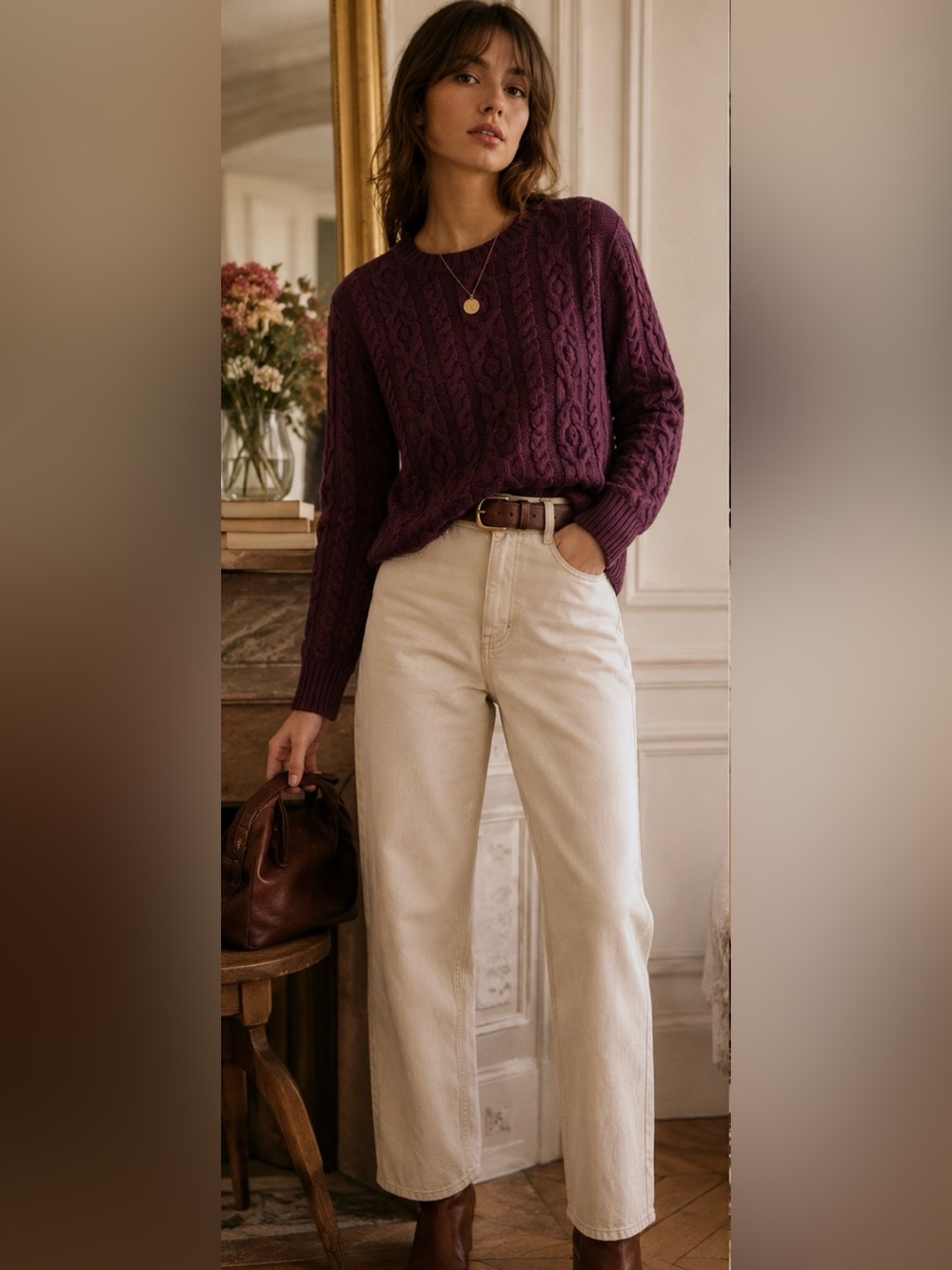 Women's L.L.  Bean Vintage Cable Cotton Sweater in BlackBerry